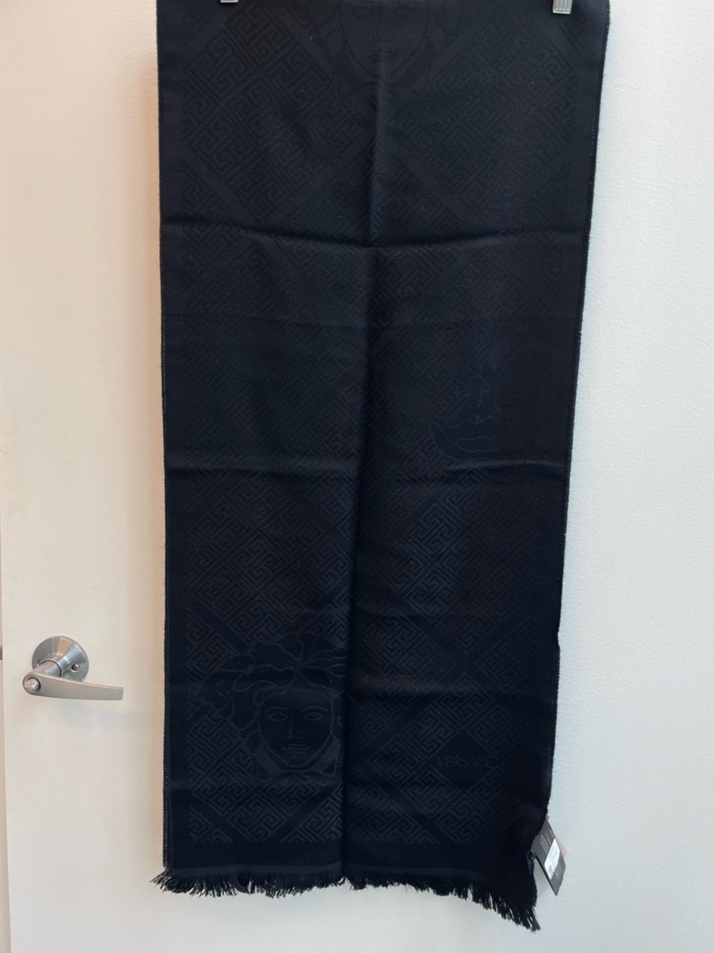 Versace Unisex Black Wool Logo Jacquard Scarf